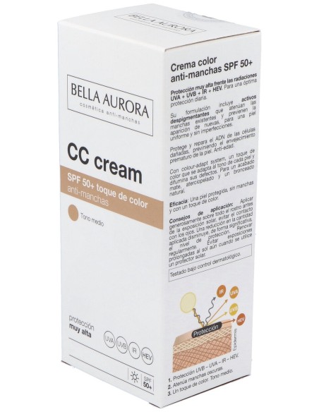 Bella Aurora Cc Spf50+ Crema Color Anti-Manchas Tono Medio 30Ml