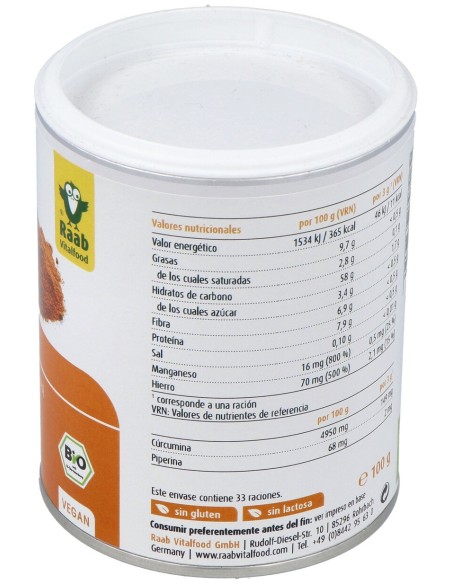 Raab Vitalfood Curcuma Con Pimienta Polvo Bio 100G
